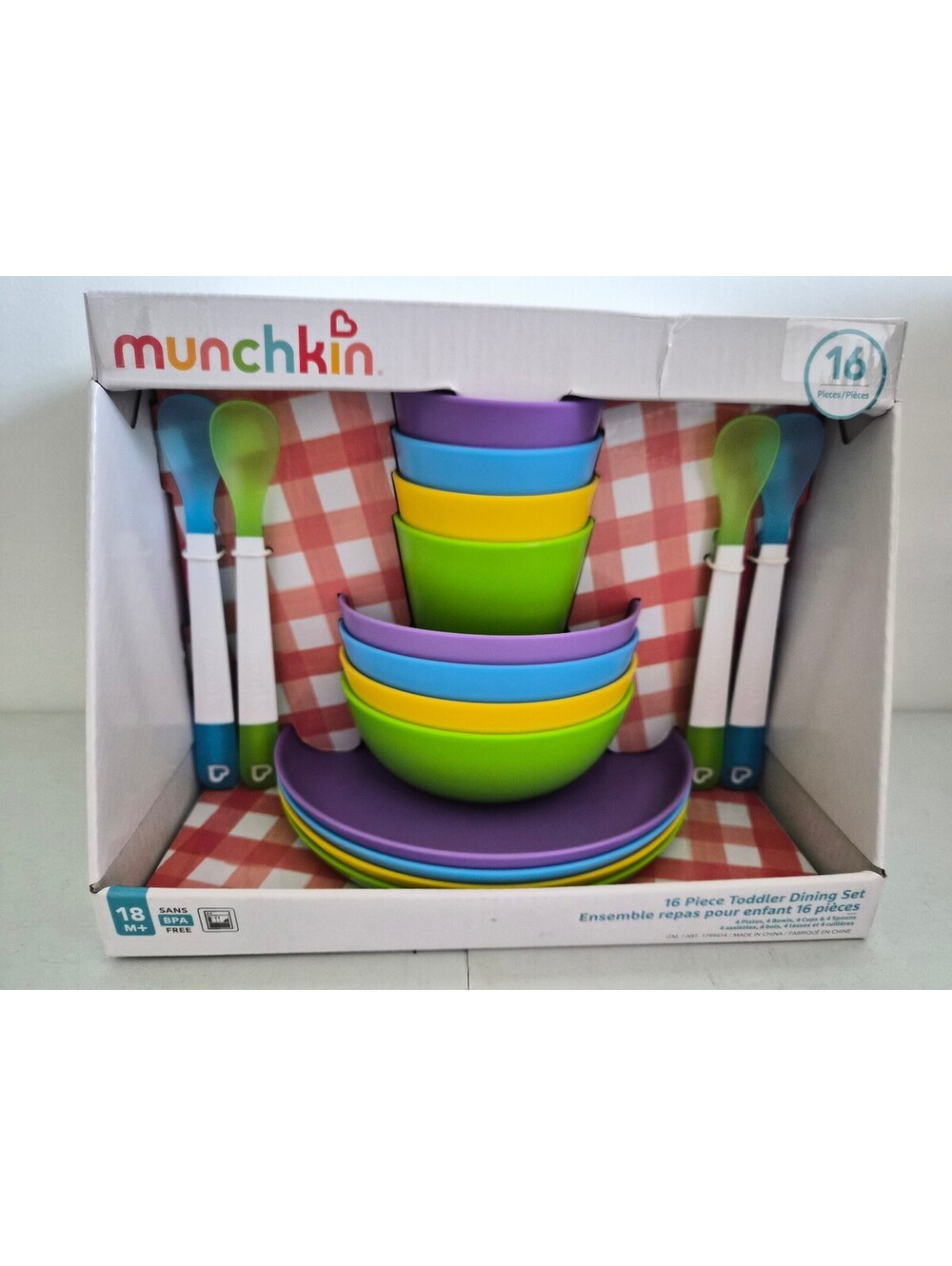 Munchkin 16-Piece Toddler Dining Set with Plates, Bowls, Cups, and Spoons